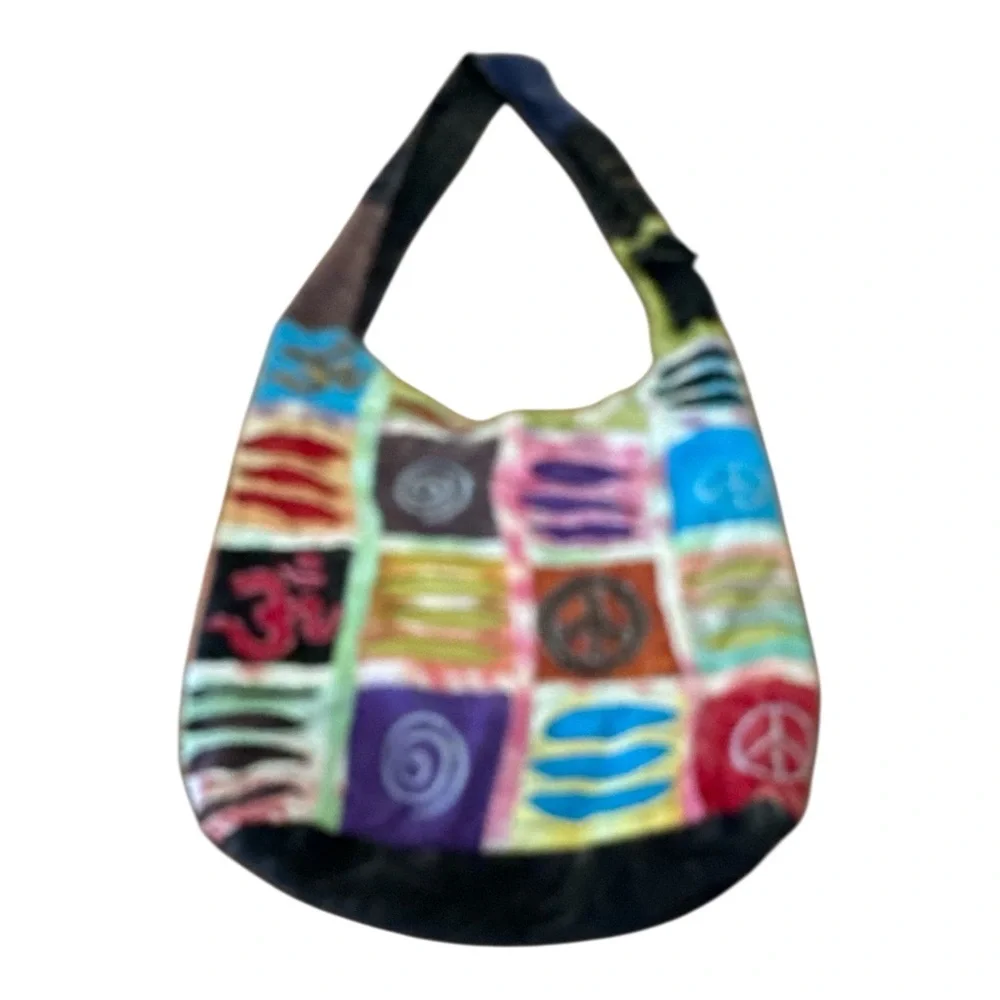Distressed Hippie Satchel Unisex‎ Crossbody Bag Multicolor Peace Love Om Print